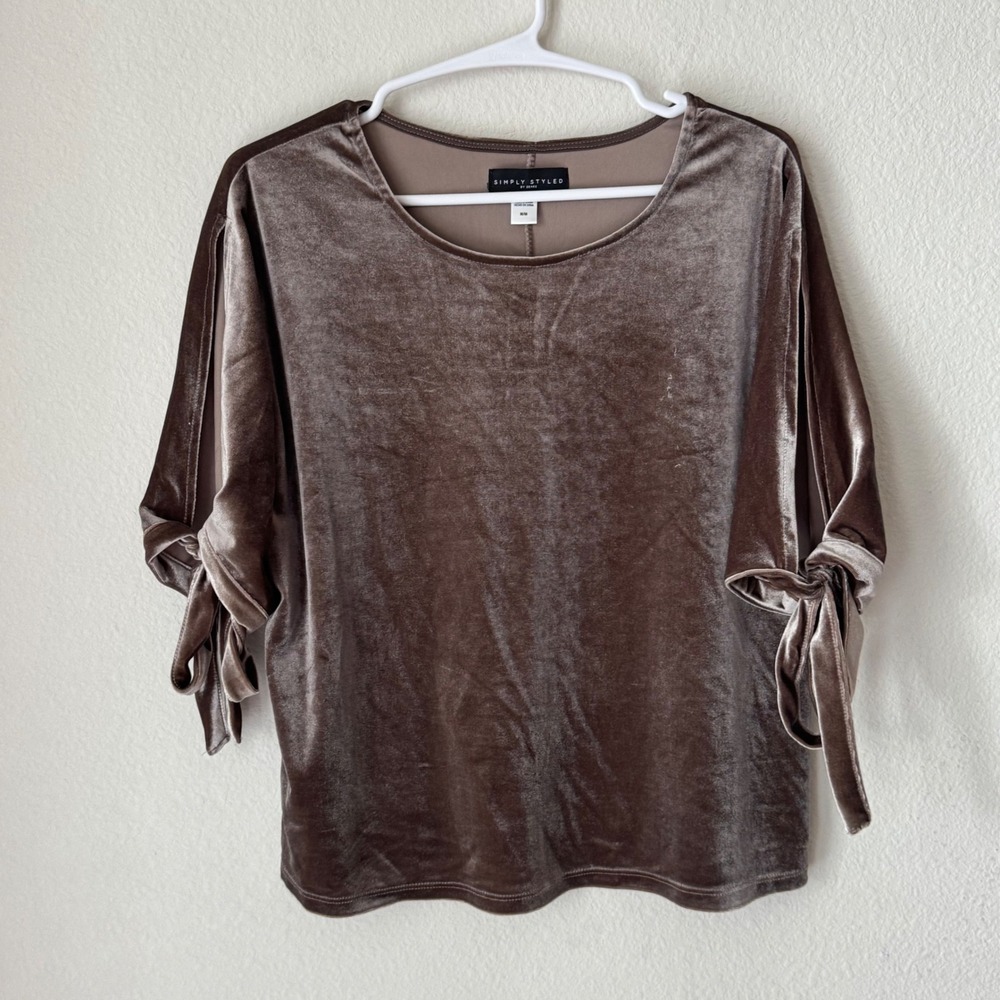 Simply Styled Sears Womens Taupe Brown Velvet Scoop Neck Split Tie Sleeve Top M